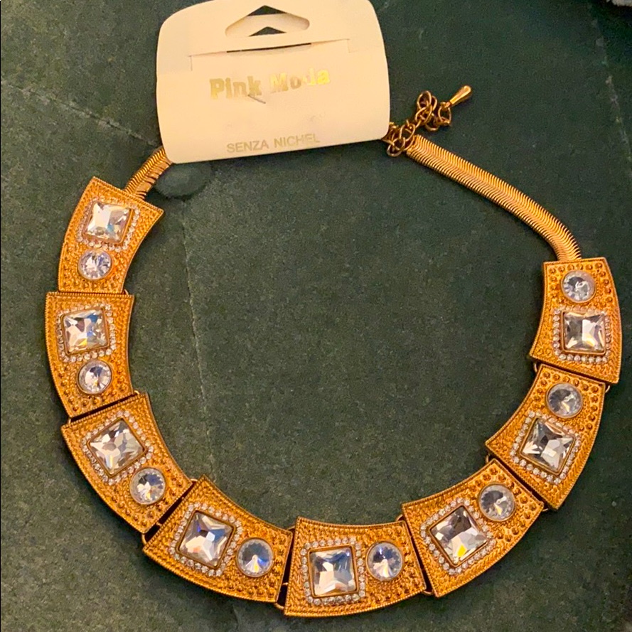 Gold Statement Necklace With Rhinestone Detail 20$